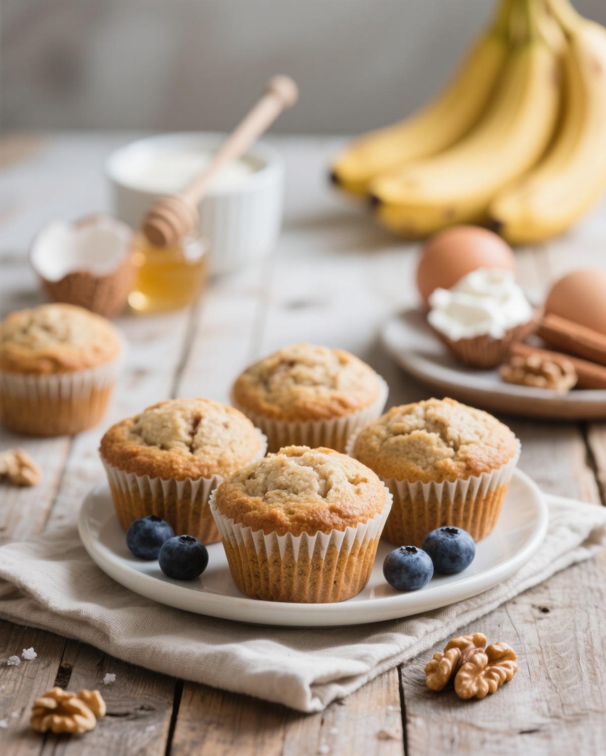 A batch of warm, healthy banana muffins fresh from the oven