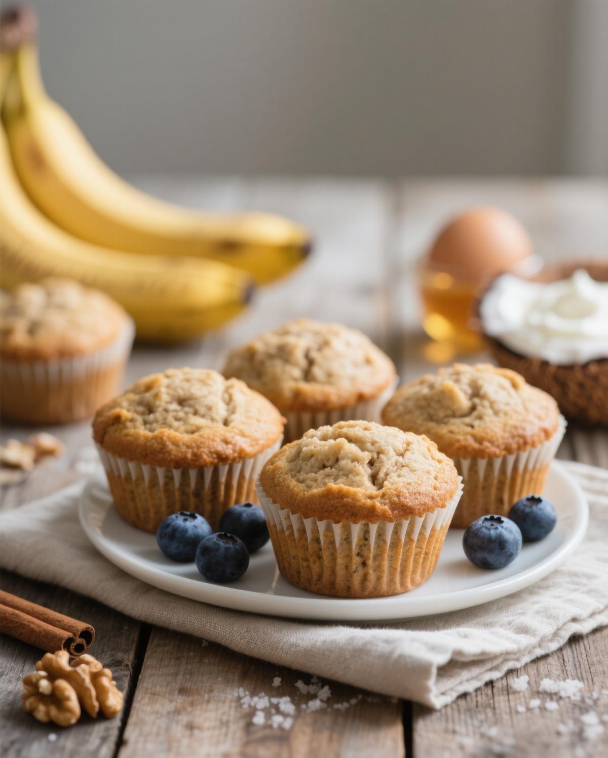 A close-up of a perfectly baked, moist healthy banana muffin