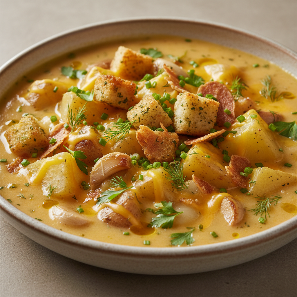 Hearty Cheddar Garlic Herb Potato Soup Recipe