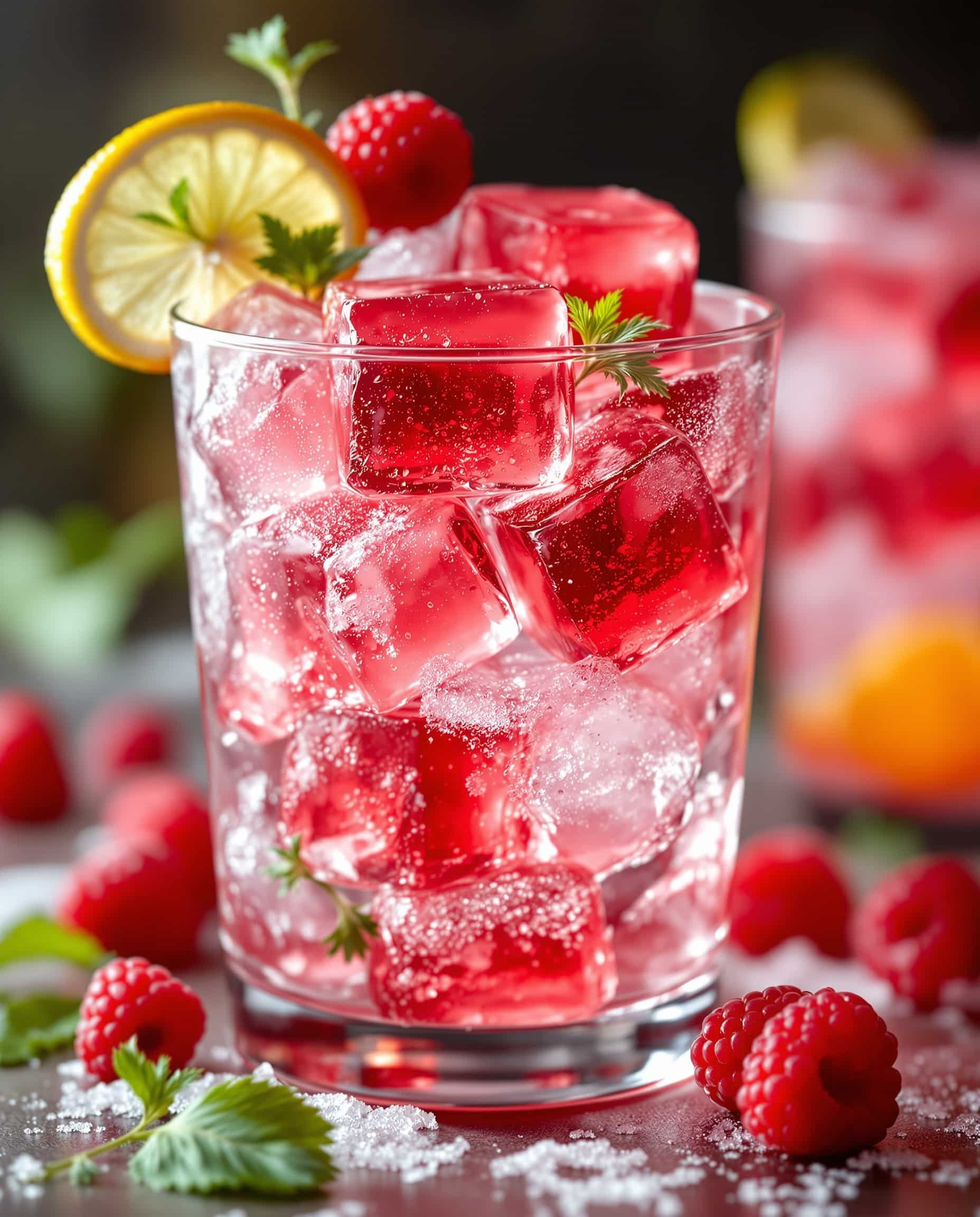 Close-up of red ice gelatin trick cubes and ice.