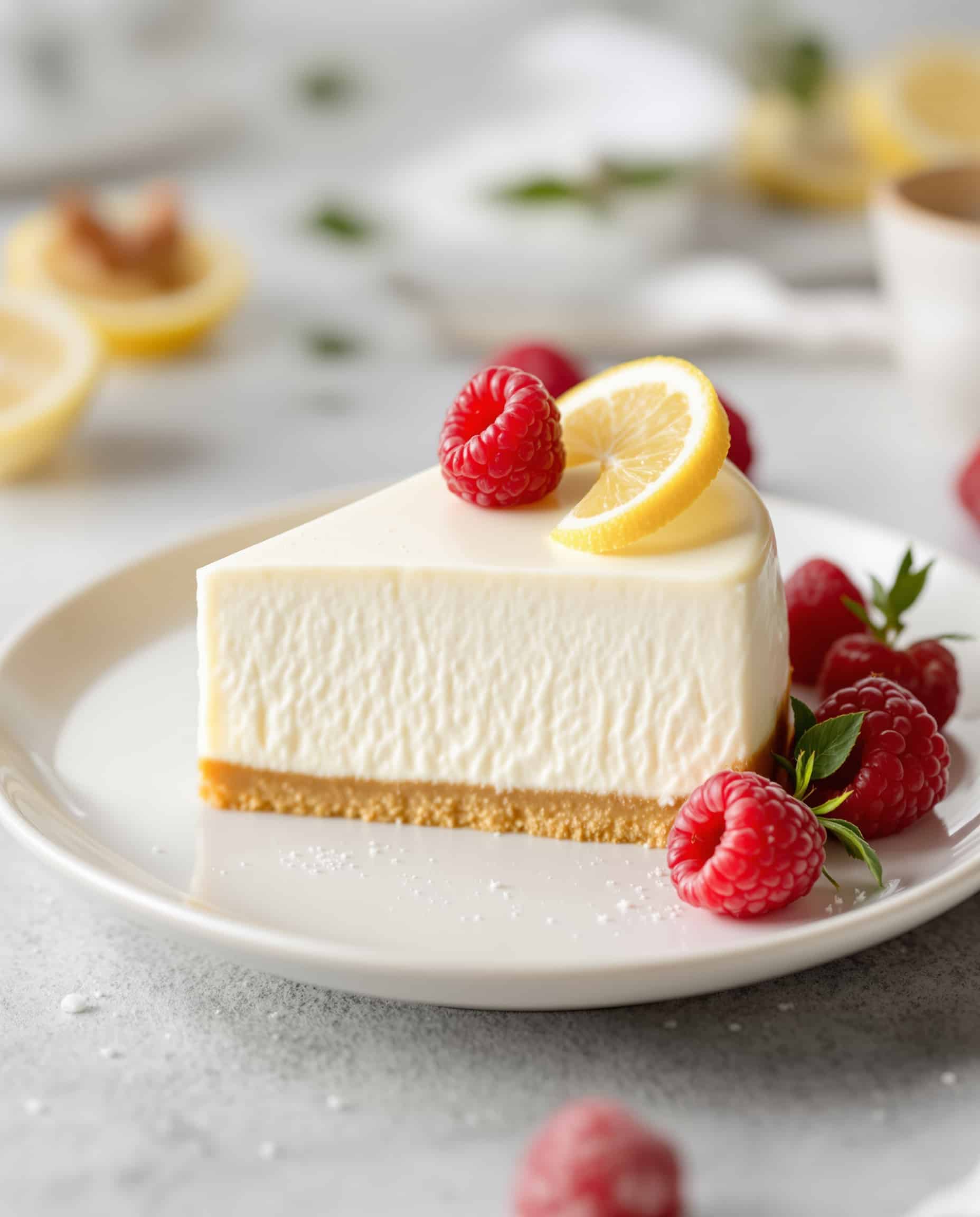 Close-up slice of blanc Japanese Yogurt Cheesecake No Bake.