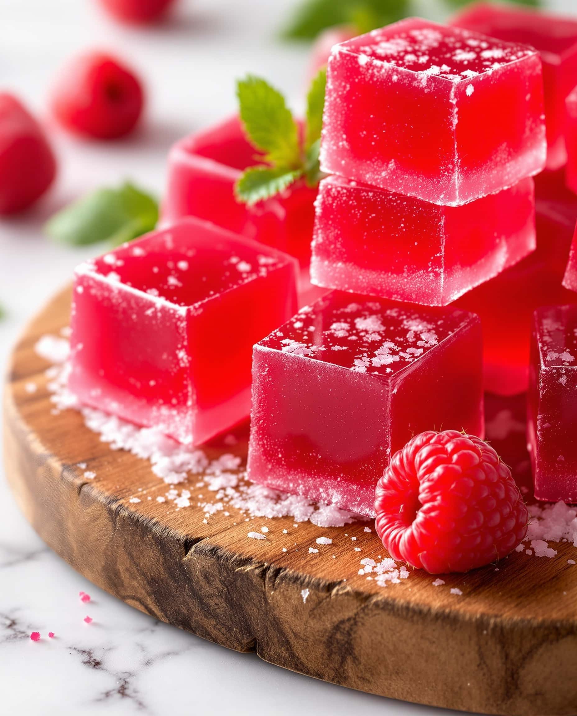 Close-up of jiggly rouge-rose jello cubes with a raspberry, jello hack weight loss recipe.