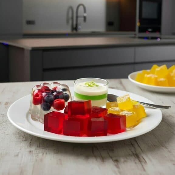 Assorted gelatin cubes and berry jelly
