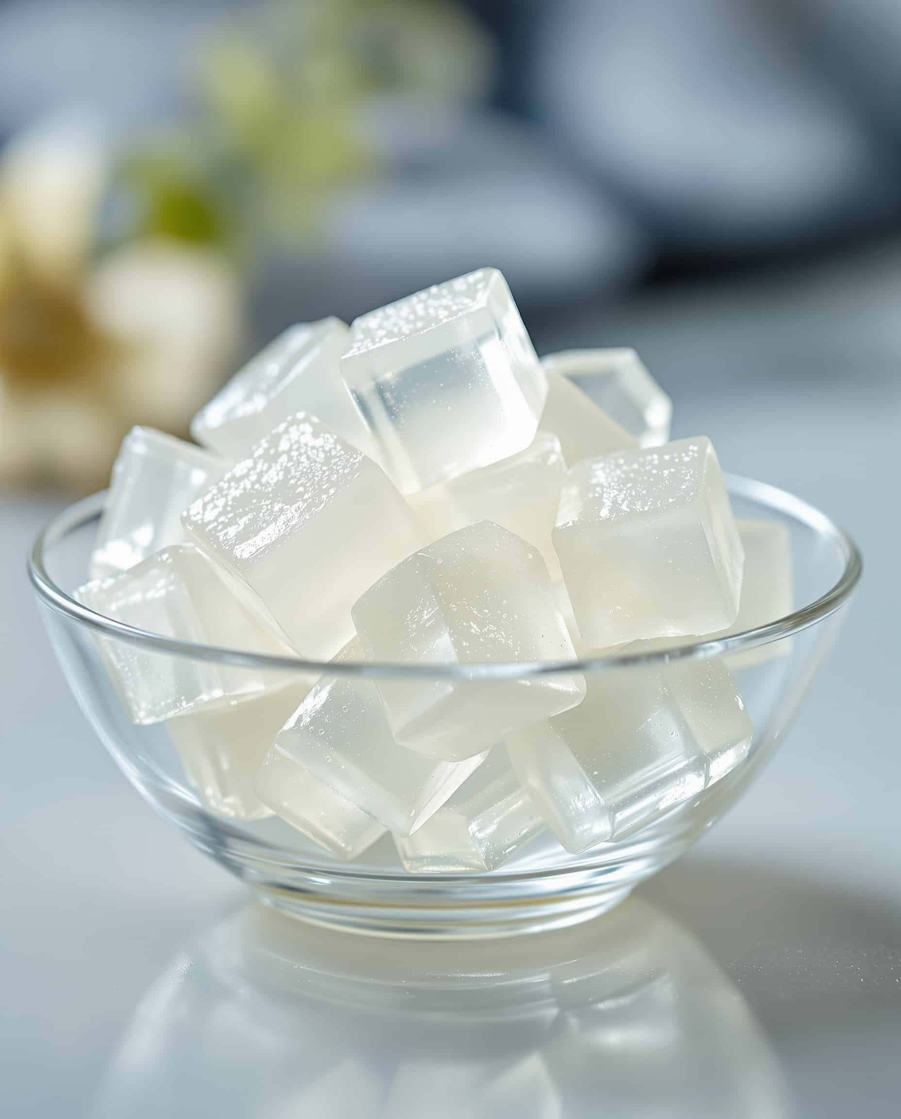 Close-up of jiggly transparent-blanc Korean agar agar cubes, a healthy weight loss recipe.