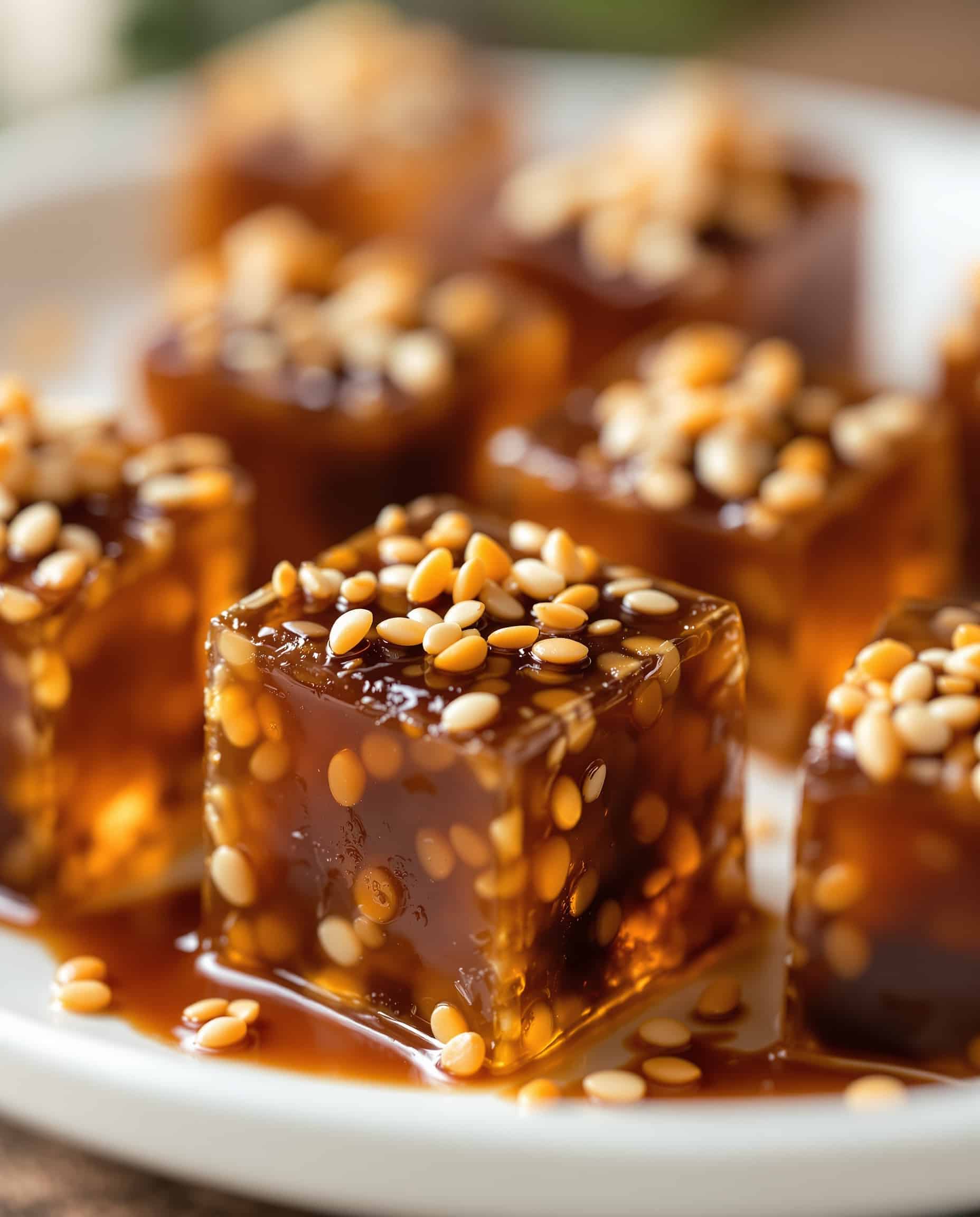 Close-up of brun-transparent Korean dotori muk with soy dressing.