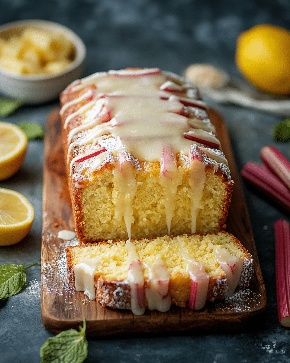 Close up of Lemon Rhubarb Cake Slice