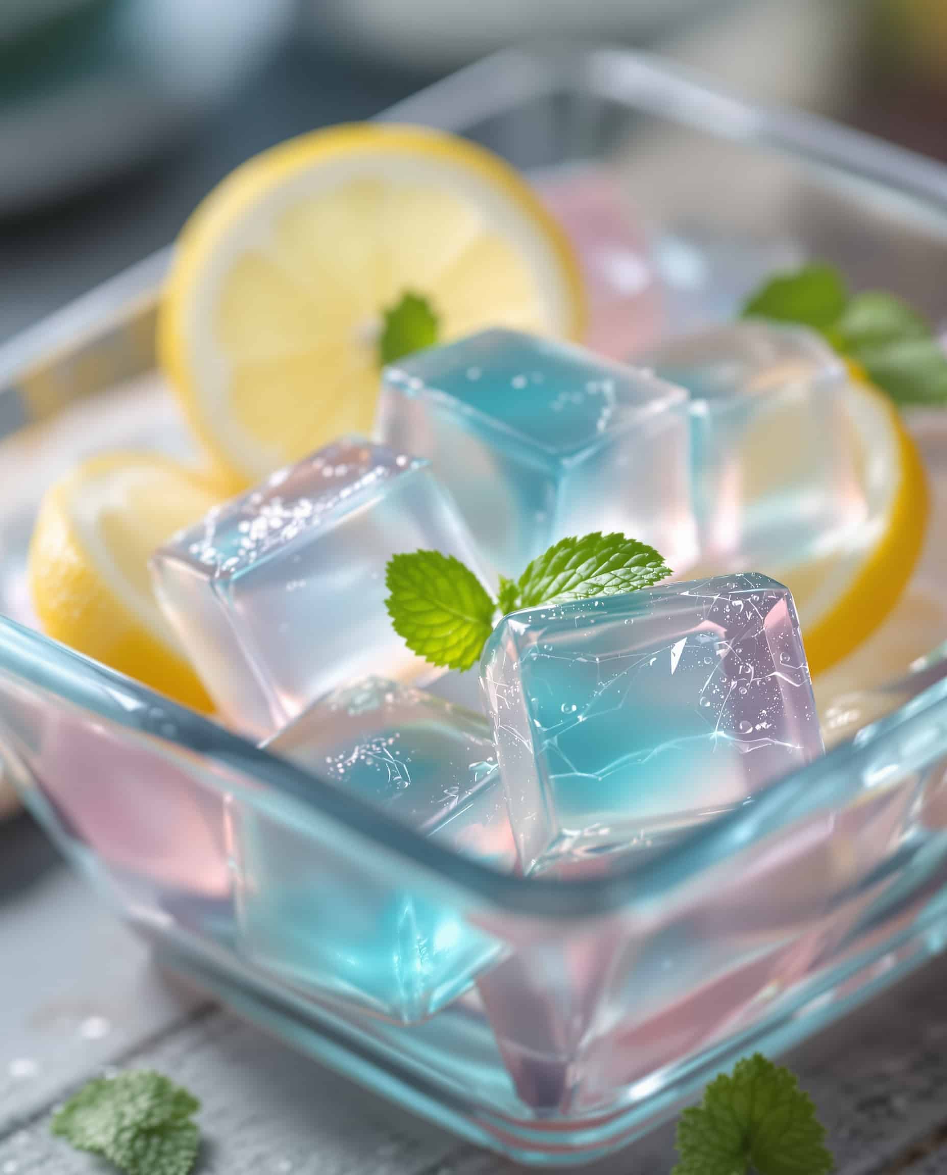Close-up of jiggly, light blue/green low calorie gelatin cubes.