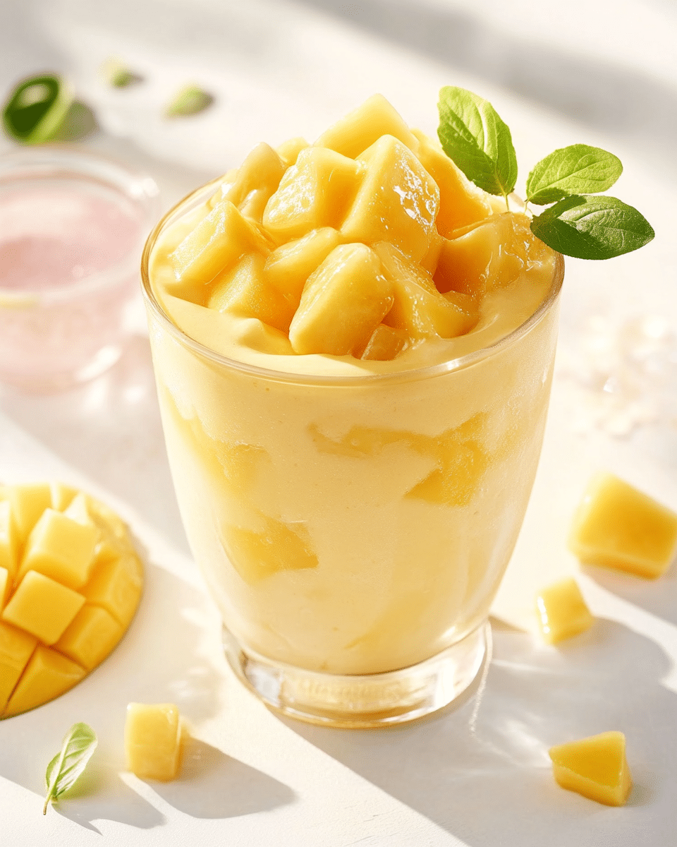 Close-up of mango collagen smoothie texture