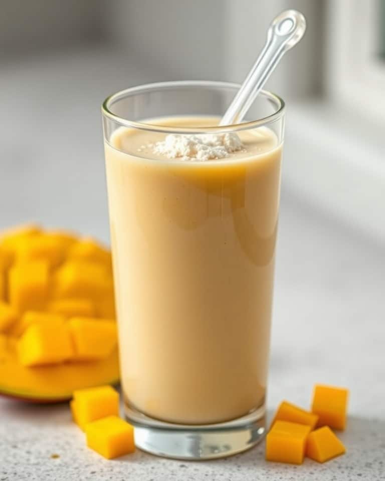 Close-up of blanc mango collagen smoothie and mango dice.