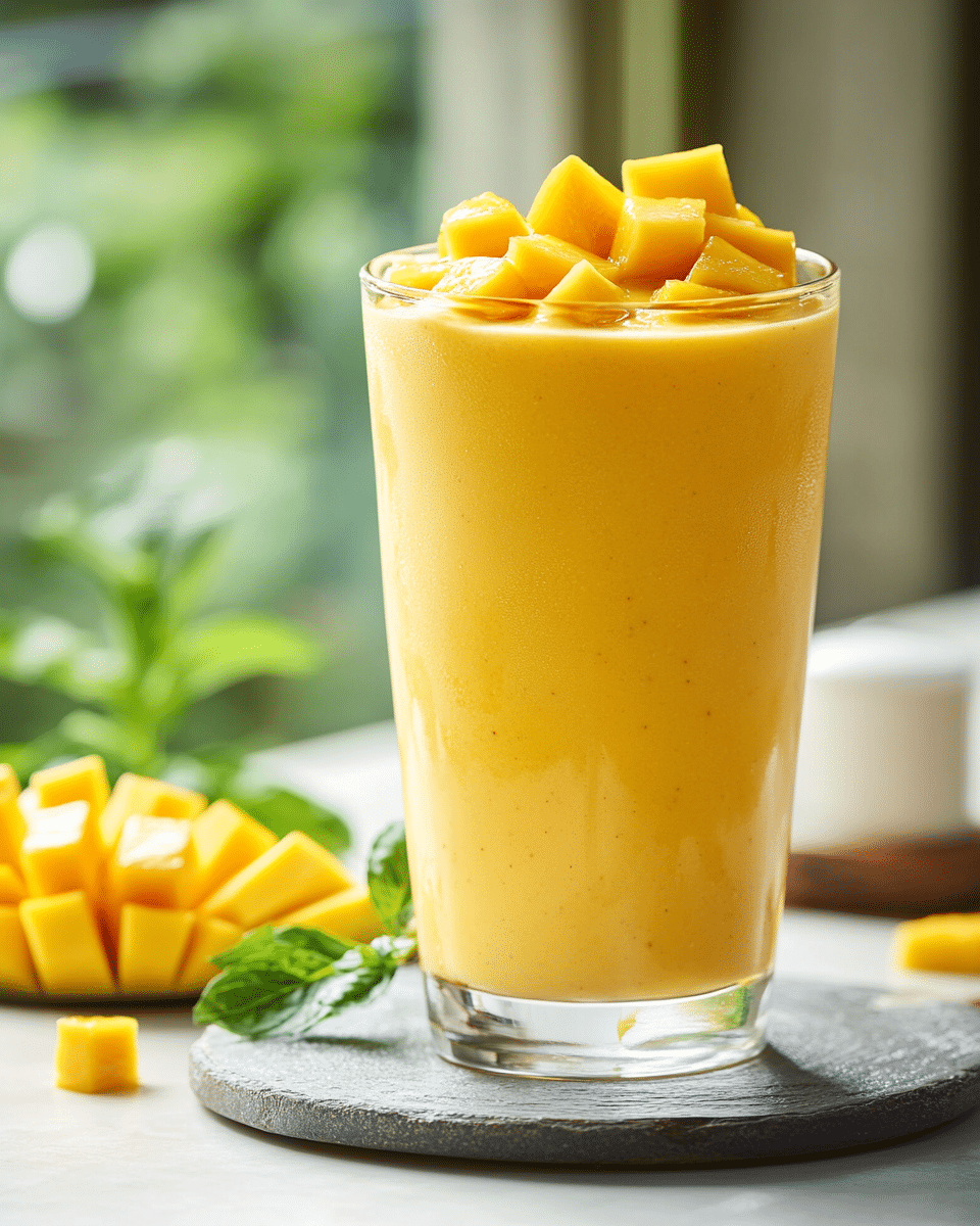 Close-up of a mango slice on a shake