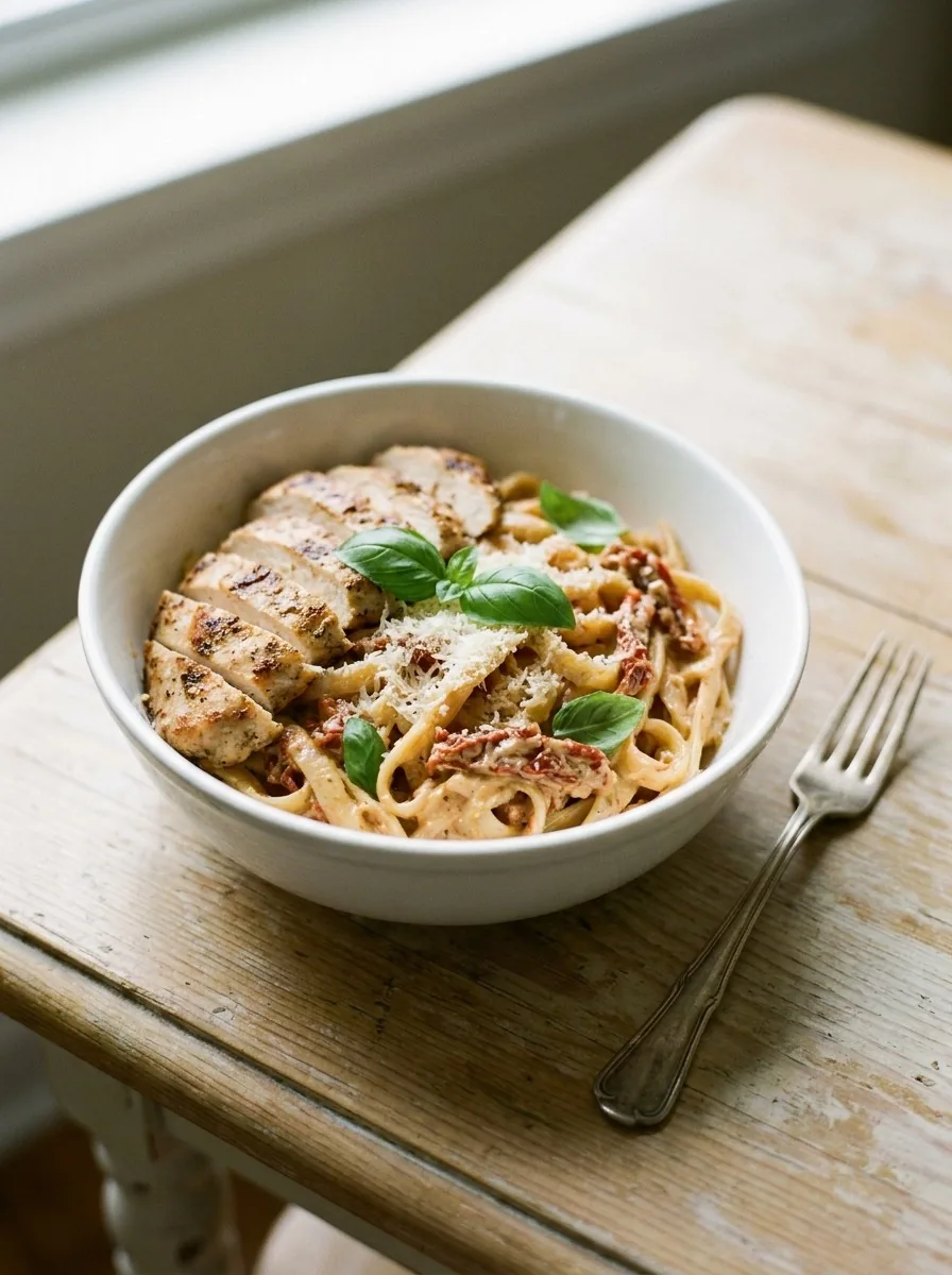 Marry me chicken pasta with sliced chicken, sun-dried tomatoes and basil in a parmesan cream sauce in a skillet