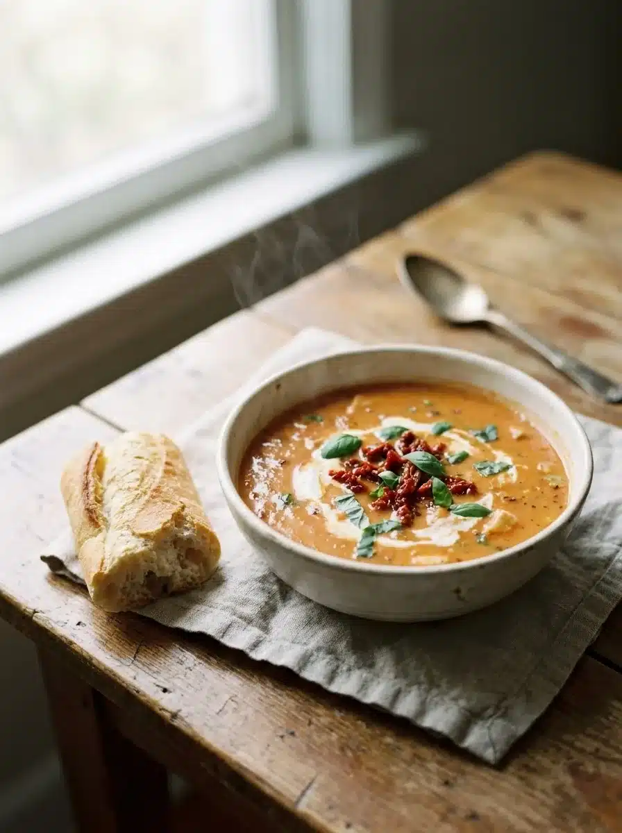 A white bowl of creamy tomato chicken soup topped with fresh basil, with crusty bread beside it