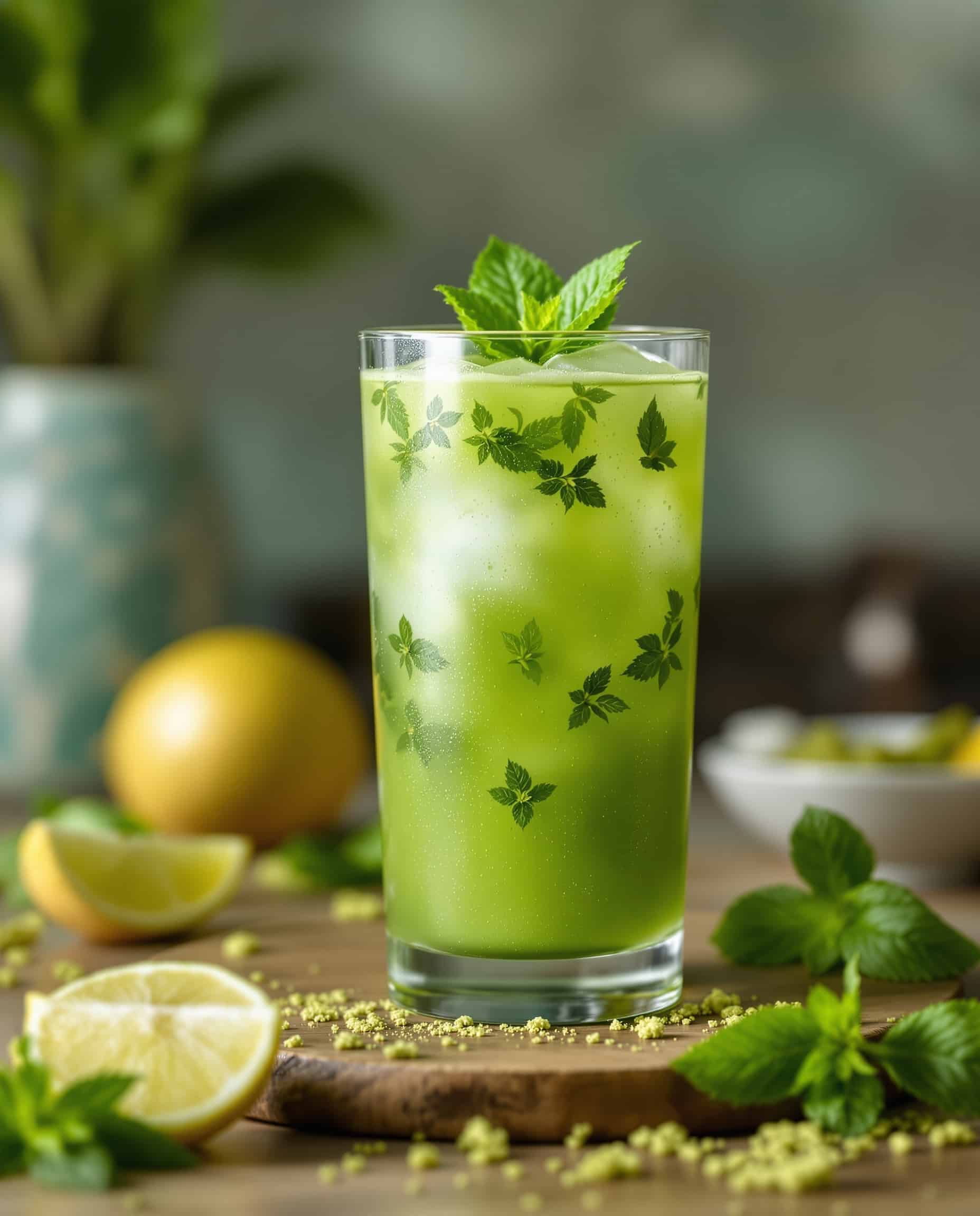Close-up of Matcha Coconut Collagen Cooler with ice and fresh herb garnish.