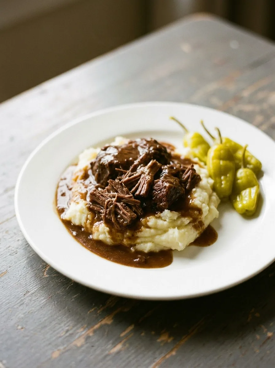 A plate of Mississippi pot roast served over mashed potatoes with gravy and pepperoncini