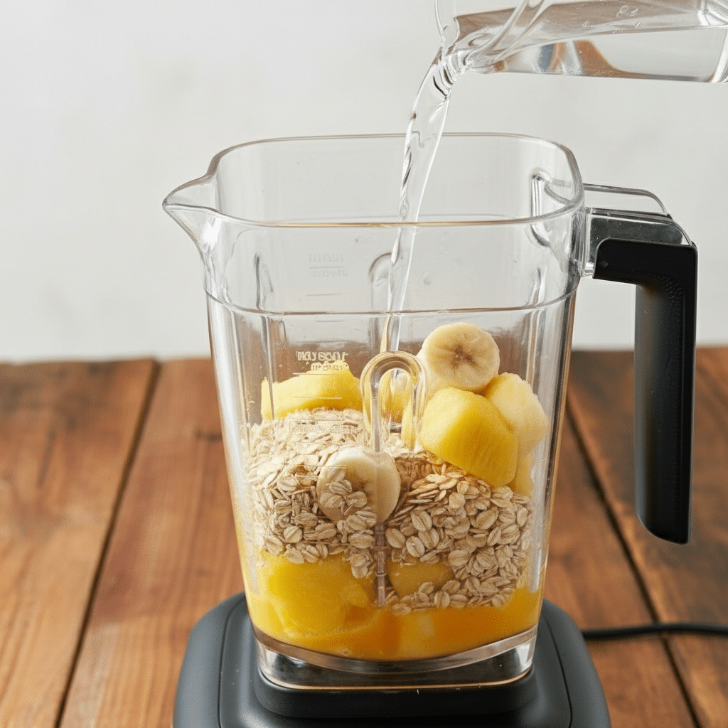 mix pineapple, banana and oats cooking frequently close-up