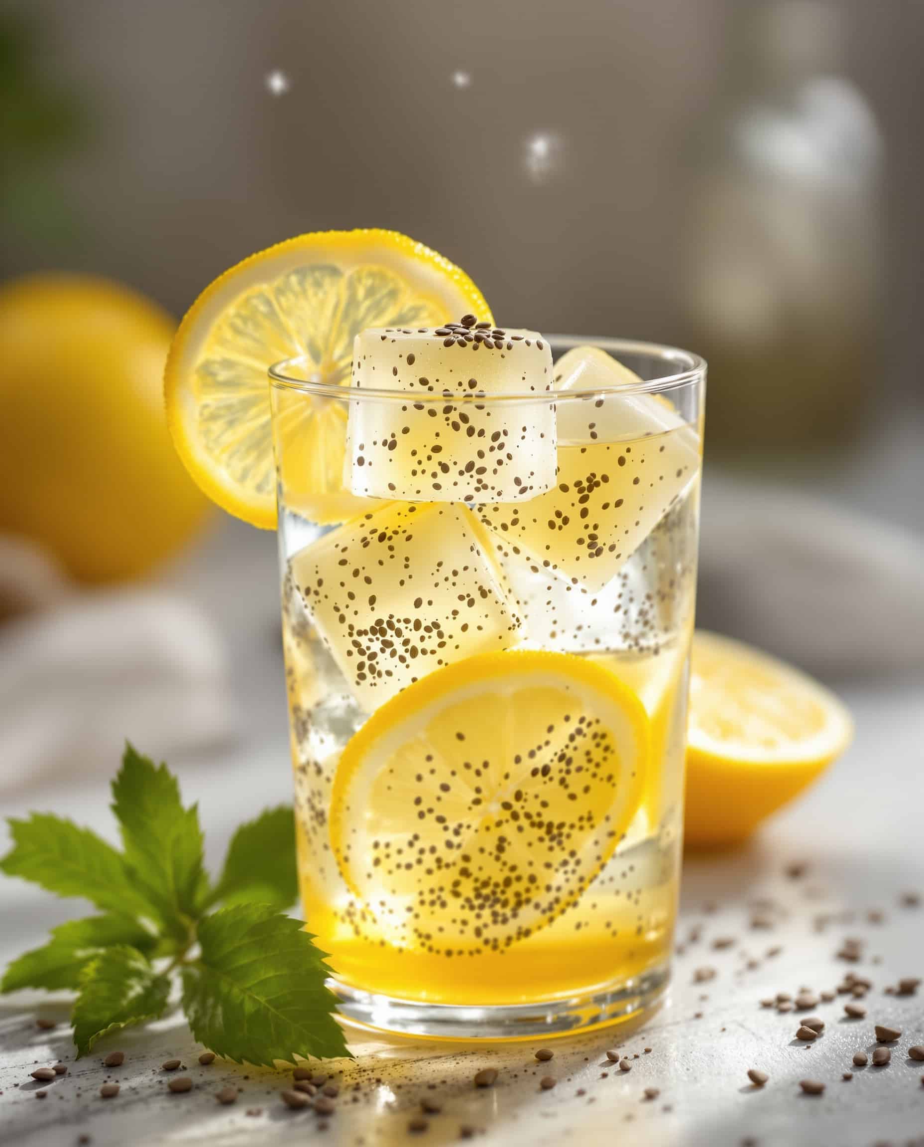 Close-up of jiggly ambre-doré 'Natural Ozempic' gelatin cubes with chia and lemon.