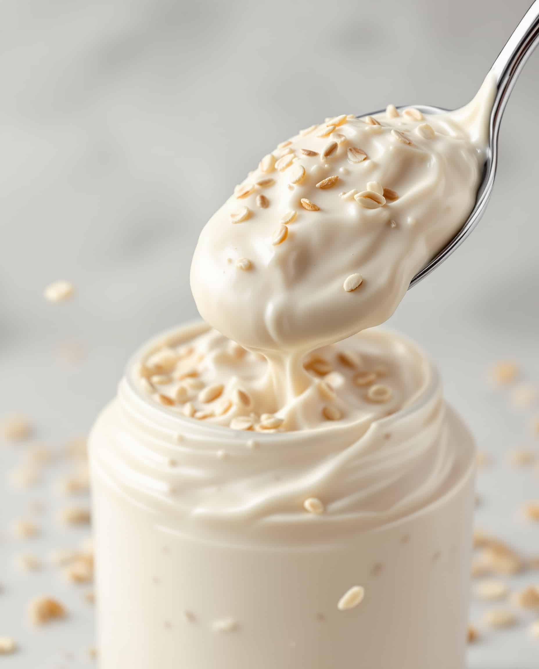 Close-up of blanc crème overnight oats protein with scoop.