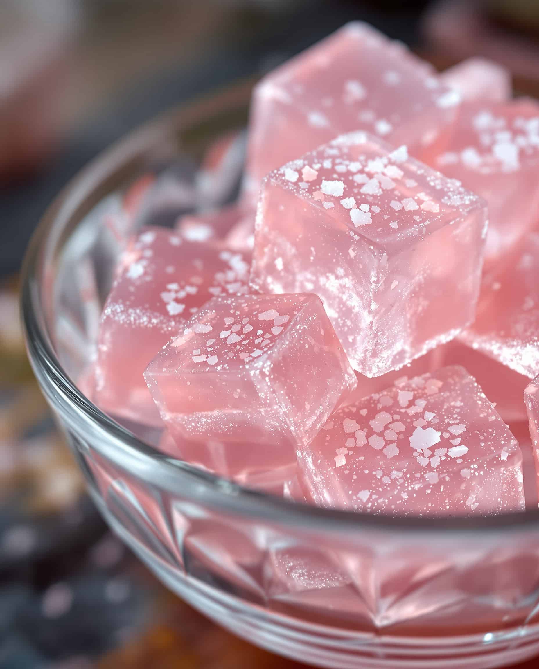 Close-up of jiggly rose-transparent pink Himalayan salt gelatin cubes.