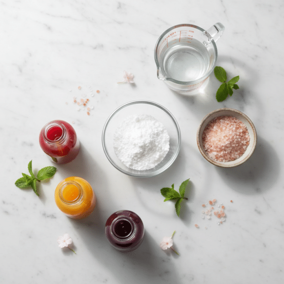 Flat lay of gelatin powder, fruit juices, water, salt, and mint arranged on a marble surface