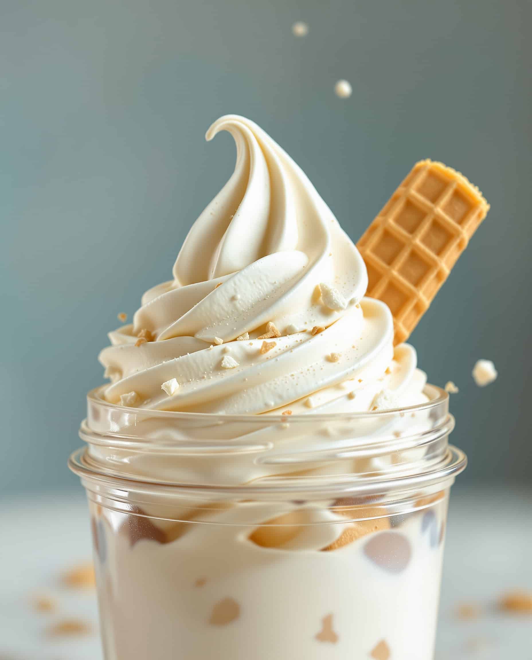 Close-up of blanc protein ice cream in a shaker bottle.