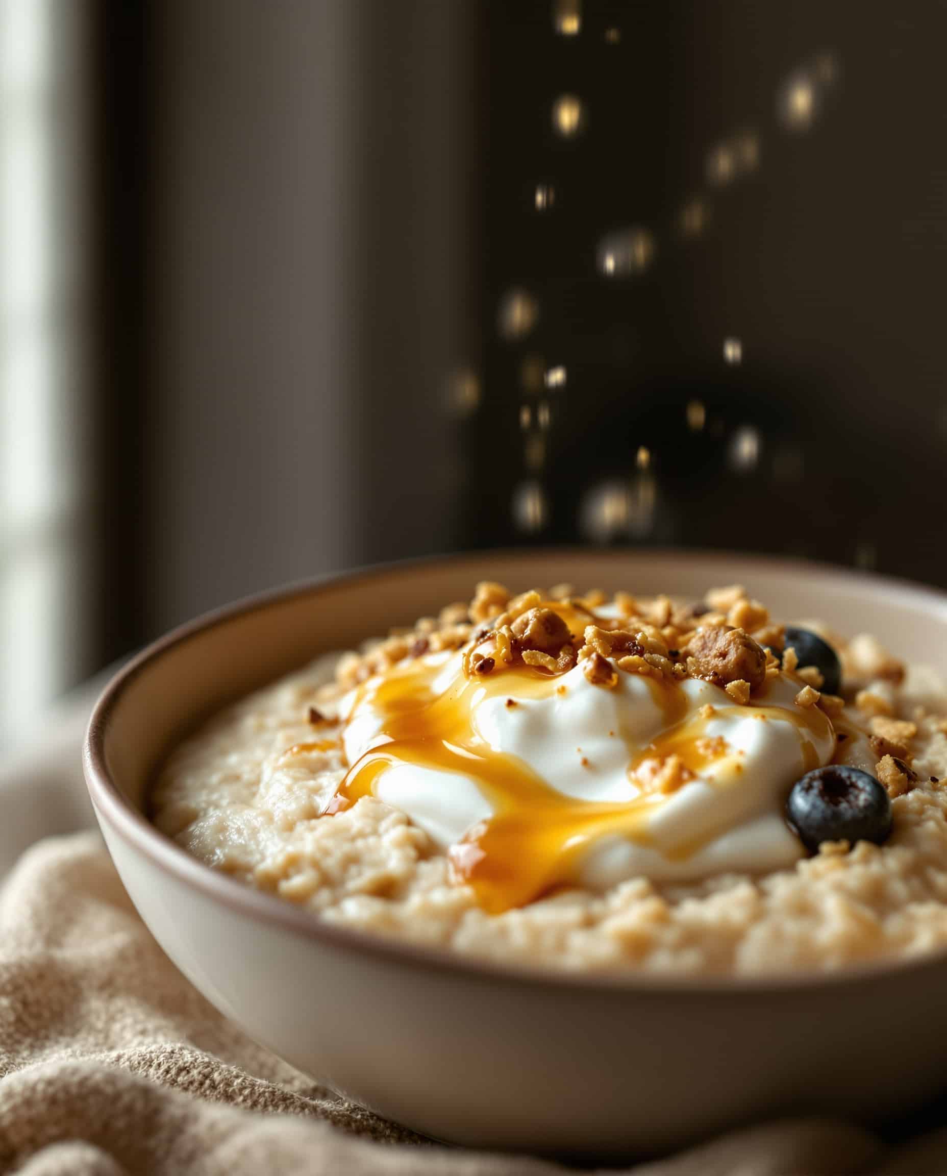 Close-up of beige-doré protein overnight oats with Greek yogurt.