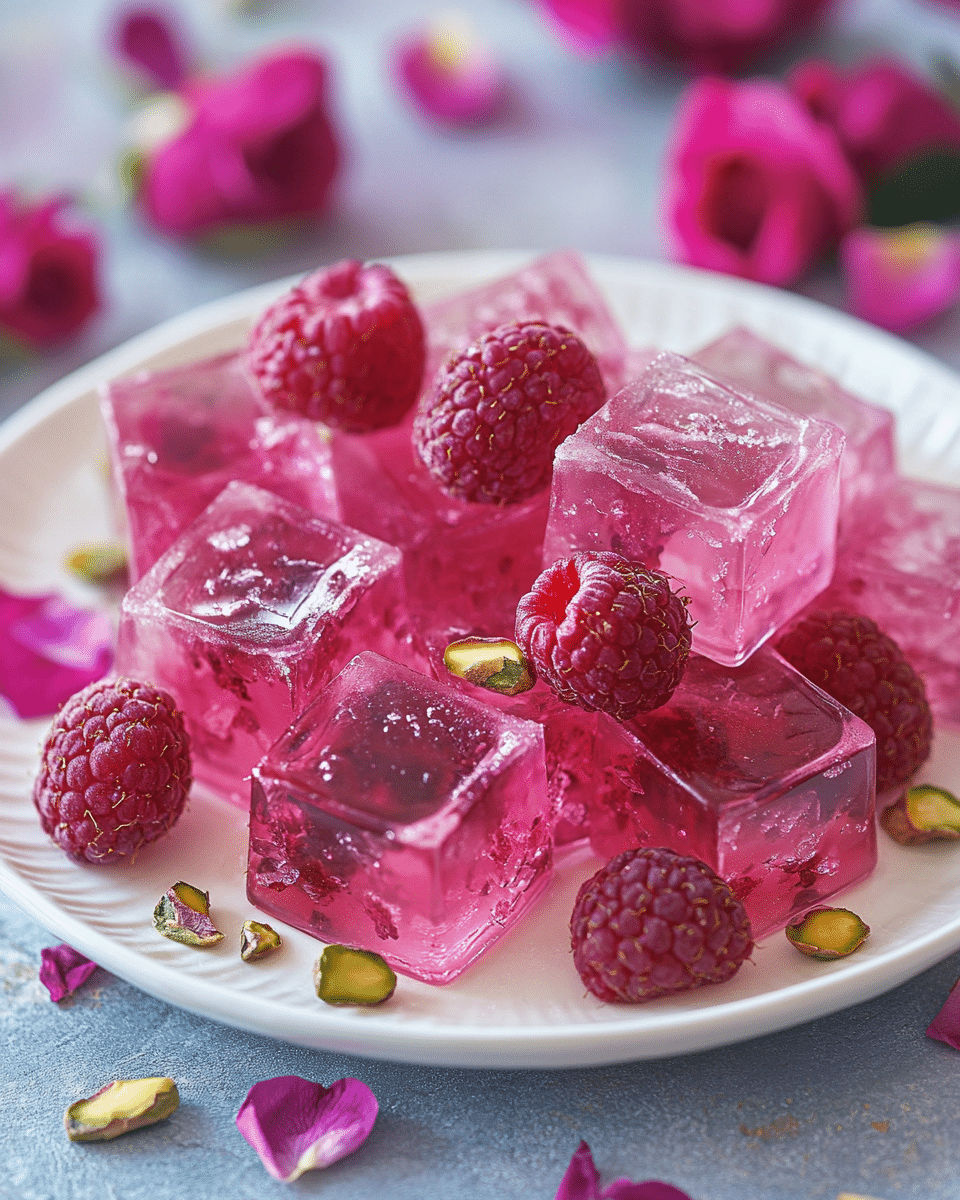 Close-up of a Raspberry Rose Jello Cube