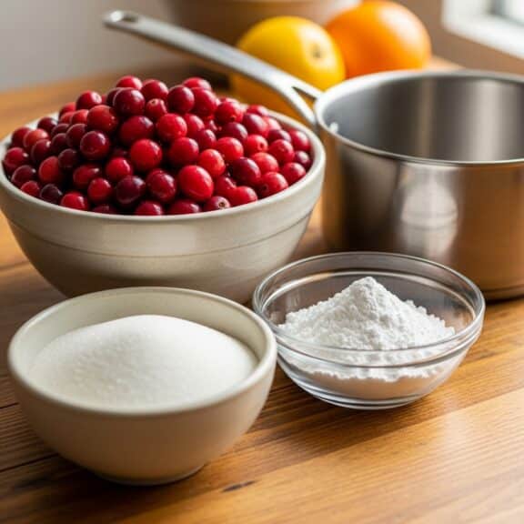 Creative Jello Desserts ingredients including fresh cranberries, sugar, gelatin powder, and citrus fruit on a kitchen counter