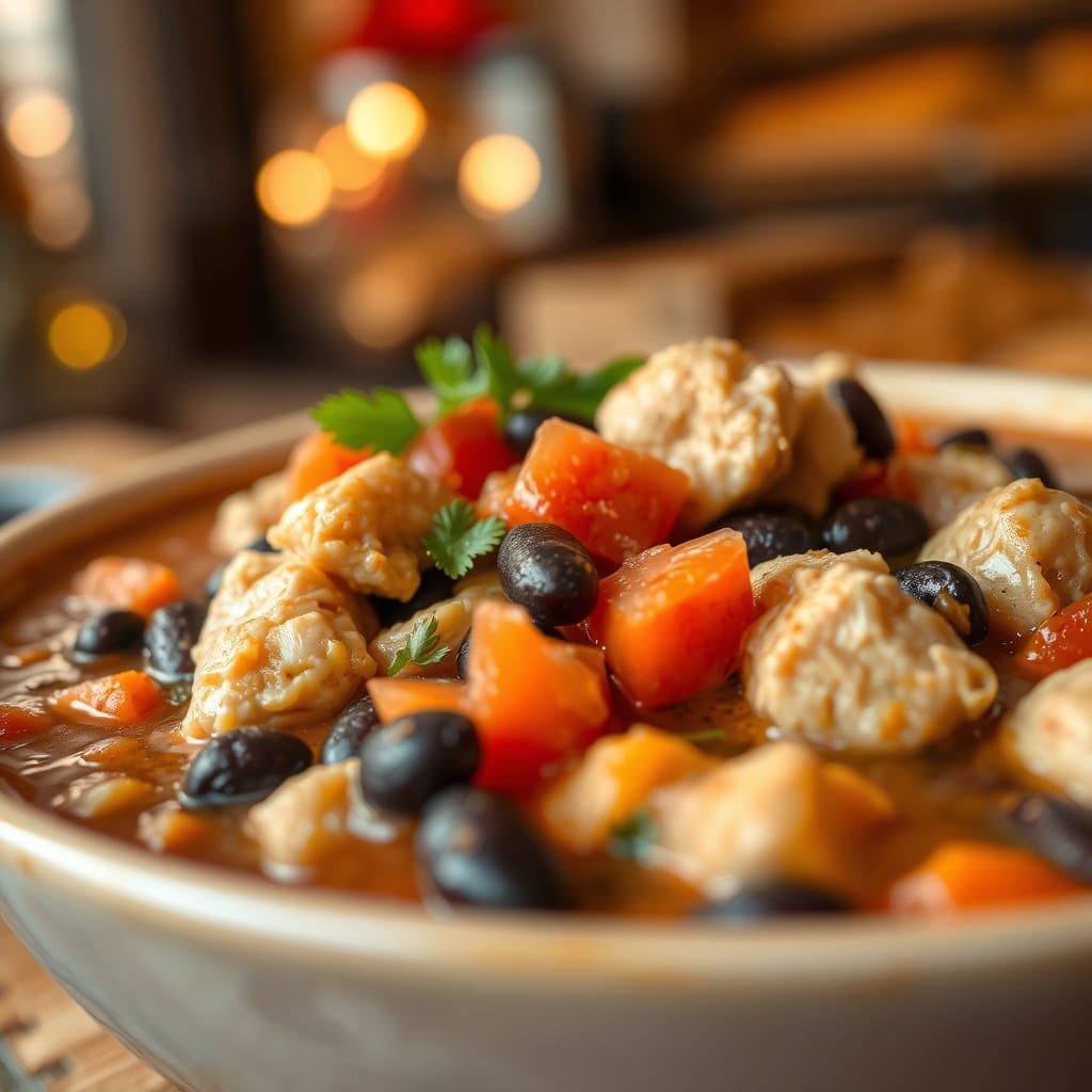Close-up of chicken and black bean stew ingredients.