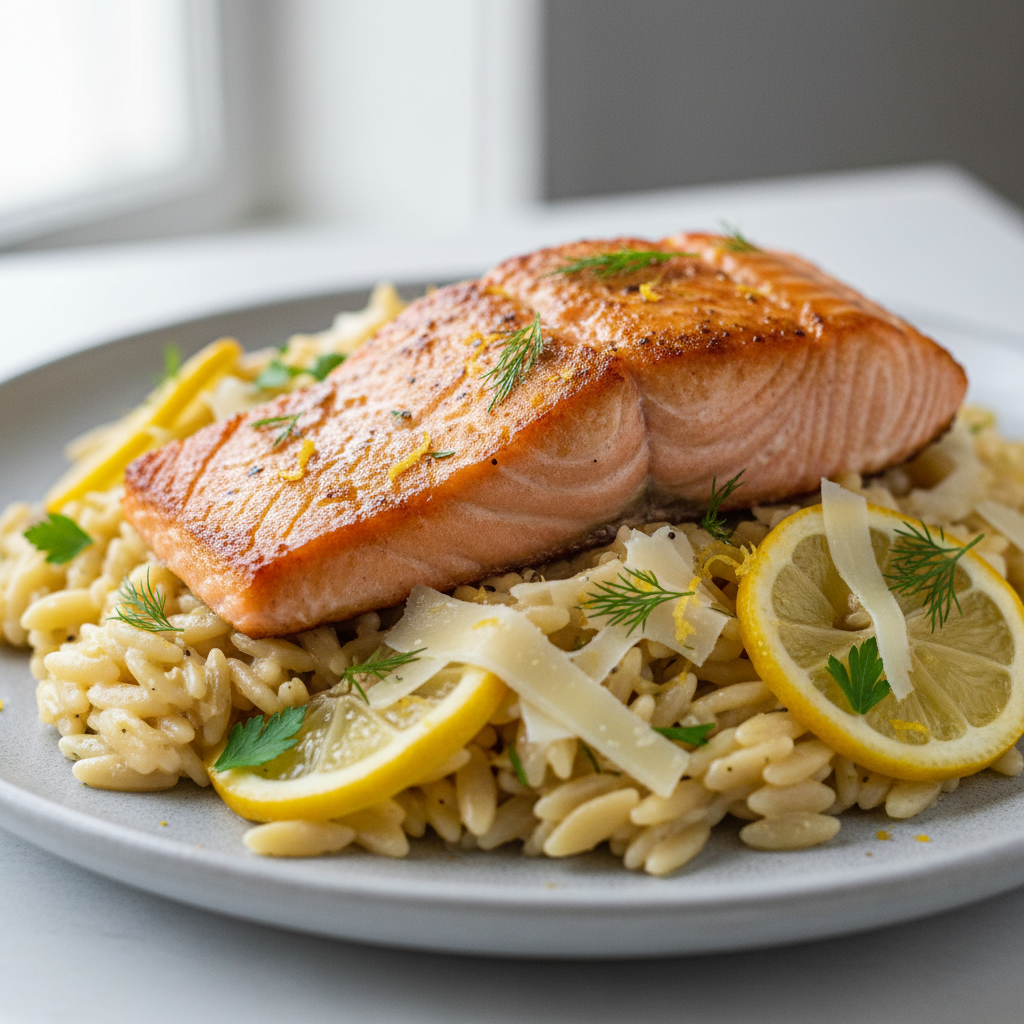 Seared Salmon Lemon Orzo