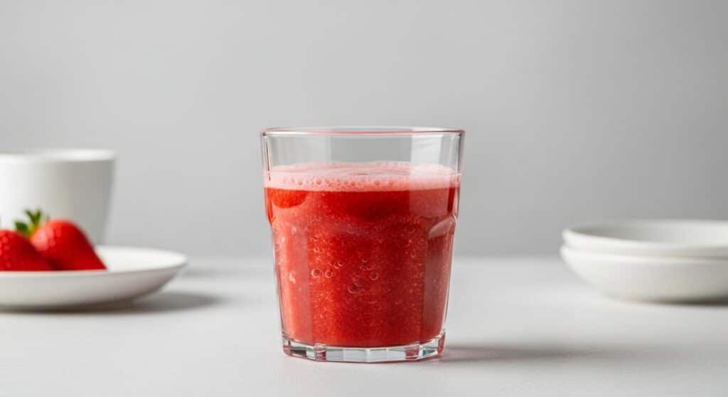 Strawberry Gelatin Gummy Recipe strawberry liquid mixture poured into a glass, showing smooth red consistency