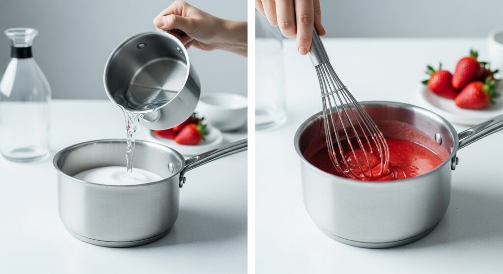 Strawberry Pie Recipe With Gelatin Cooking Close-Up Gelatin Powder In Desserts step by step collage of water added to sugar and red gelatin mixture whisked in a saucepan