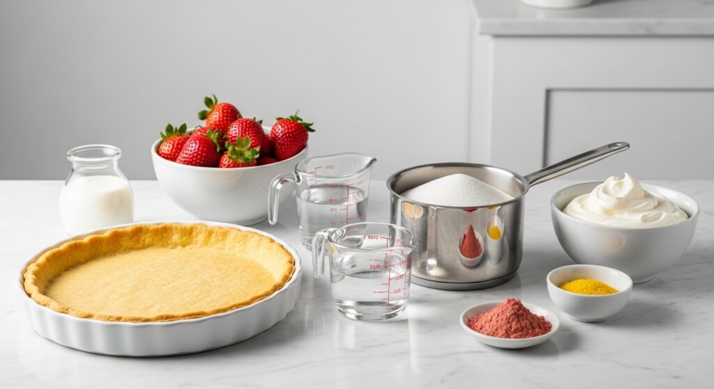 Ingredients of Strawberry Pie Recipe With Gelatin Gelatin Powder In Desserts ingredients with tart crust, milk, sugar, water, gelatin powders, and whipped cream on a marble counter