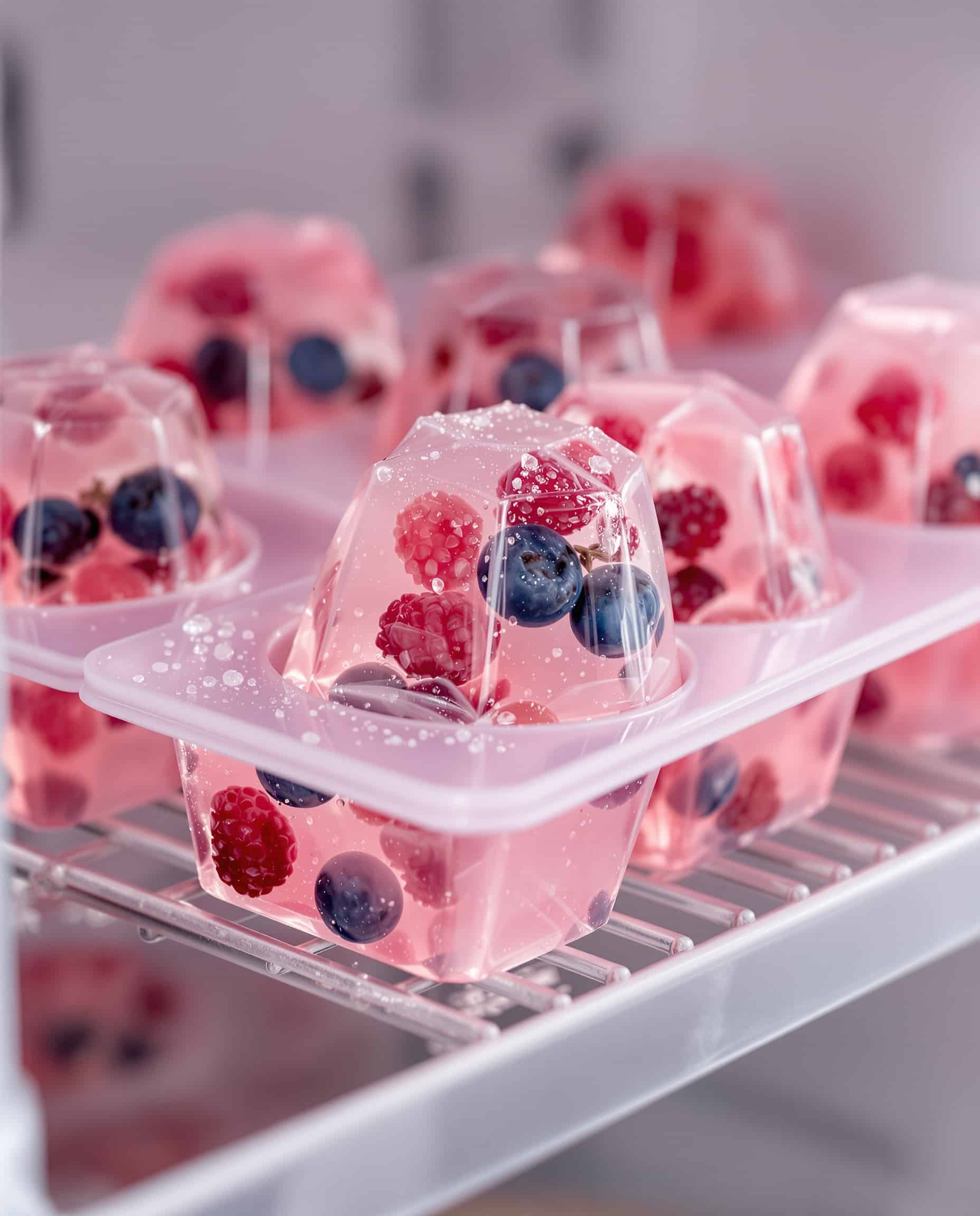 Close-up of jiggly rose-transparent sugar free gelatin snack with berries.