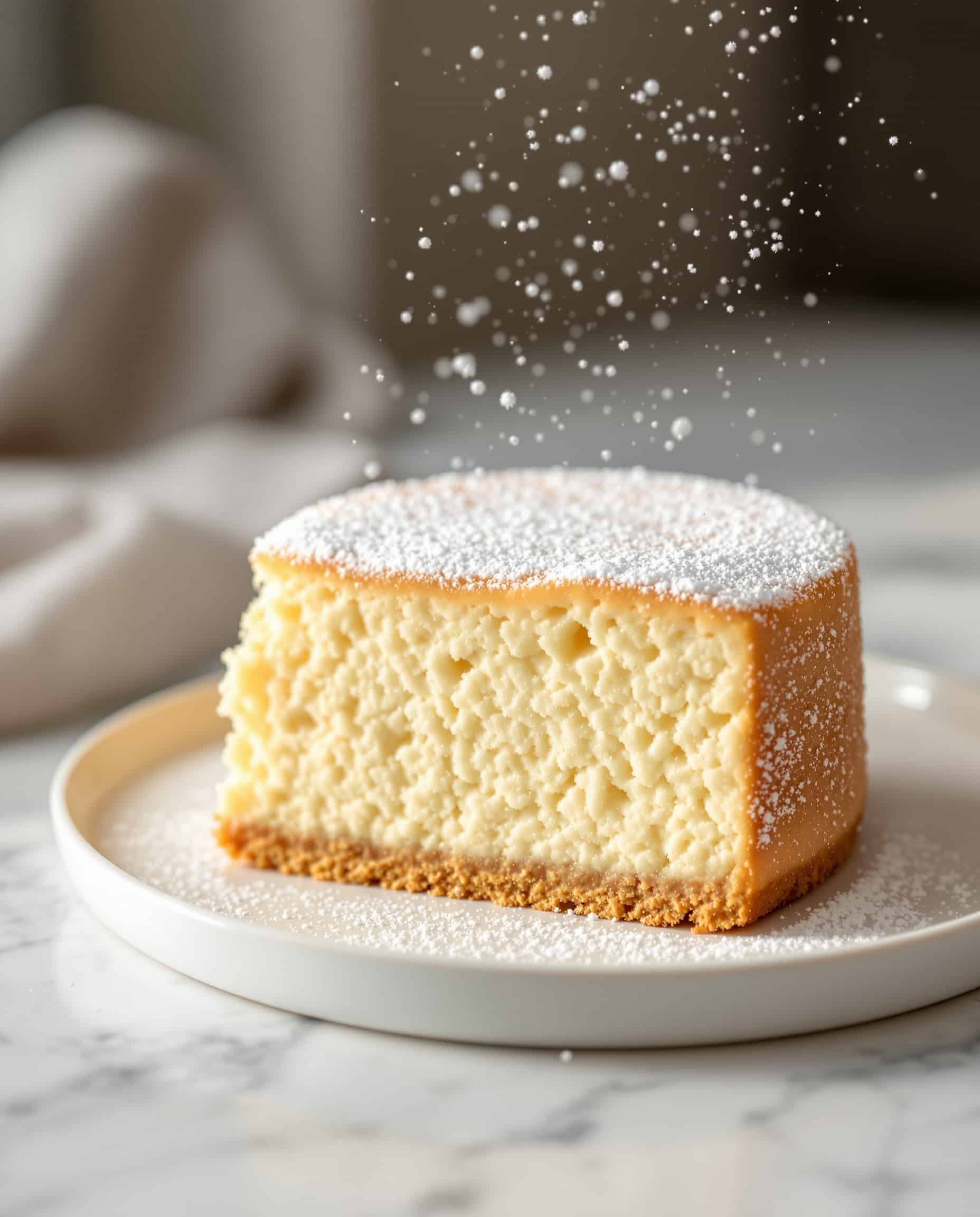 Close-up of beige-doré fluffy jiggly two-ingredient Japanese cheesecake texture.
