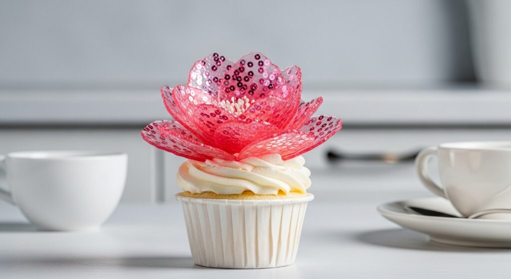 Gelatin Sequins used as a red translucent flower decoration on a frosted cupcake in a clean modern kitchen environment