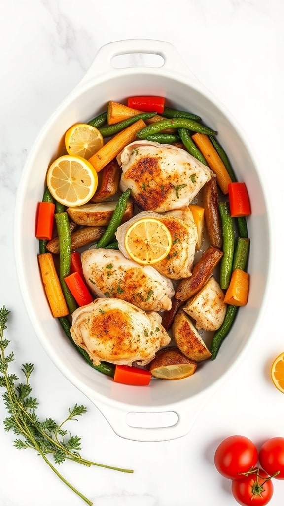 Close-up of roasted Lemon Herb Chicken & Veggies, perfect for weight loss.